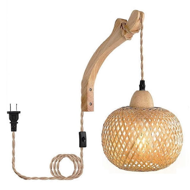 Retro Japanese Style Bamboo Bedside Wall Lamp Restaurant Rattan Lampmine Bedroom Background Wall Lamps US Plug-B