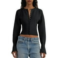 thumbnail image 2 of Womens Cropped Sweaters Button Down Long Sleeve V Neck Ribbed Knit Slim Fit Pullover Crop Tops Black M, 2 of 9