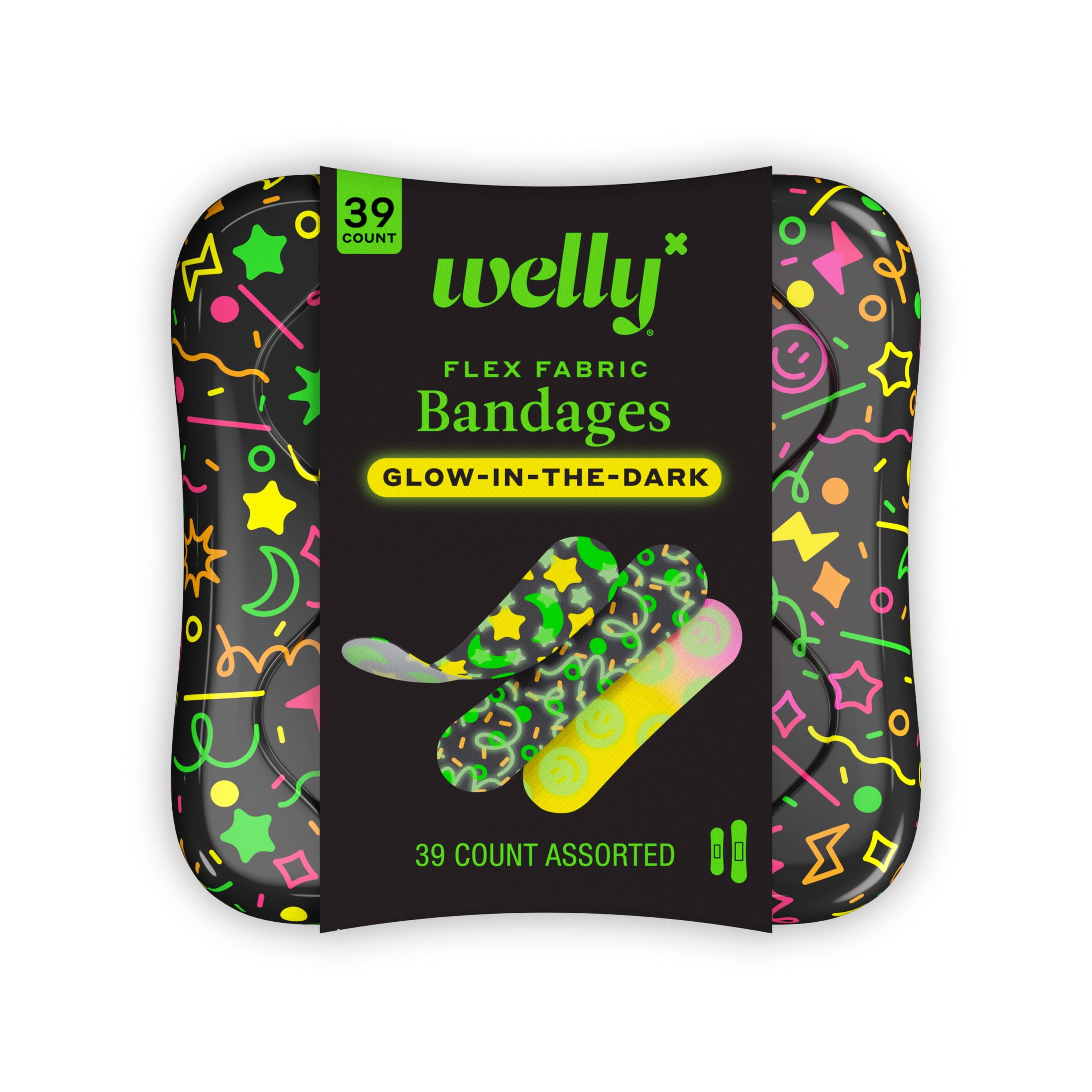 (6 pack) Welly Flex Fabric Bandages, Glow in the Dark Bravery Badges for Kids, Assorted Sizes, 39 Count