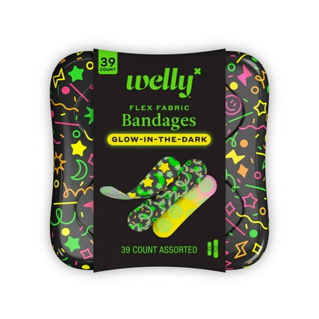 Welly Flex Fabric Bandages, Glow in the Dark Bravery Badges for Kids, Assorted Sizes, 39 Count