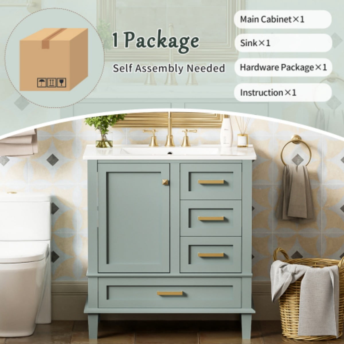 30" Bathroom Vanity with Ceramic Sink, Freestanding Bathroom Cabinet, Soft Close Door, 3 Drawers, Solid Wood Frame, Sage Green