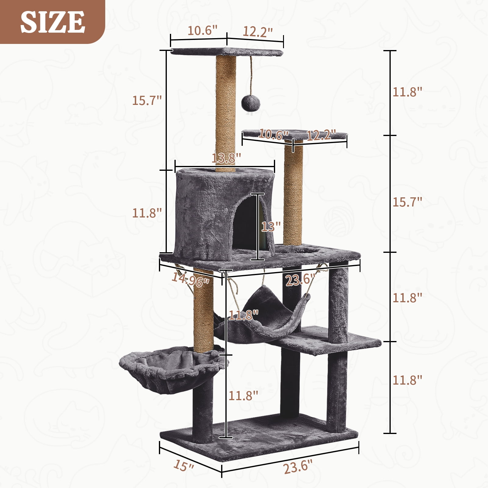 ZephyPaws 52" Tall Cat Tree Tower Condo with Sisal Scratching Post and Perch,Dark Gray