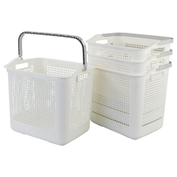35L Plastic Laundry Baskets 4-Pack, White Hamper with Handles - Durable Clothes Baskets for Bedroom, Bathroom, College Dorm - Space Saving Stackable Design
