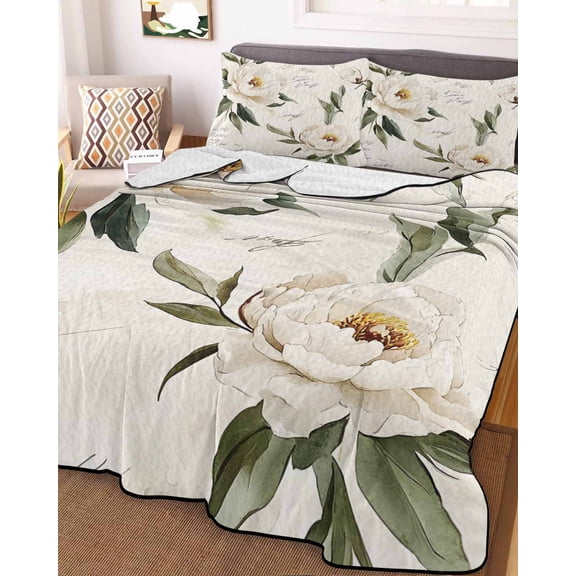 Vintage Floral Spring Queen Size Down Alternative Comforter, Lightweight Comforter Quilt Bedding Set with Pillow Shams Farmhouse Botanical White Flowers All Seasons Bed Comforter Duvet Insert 90"x96"