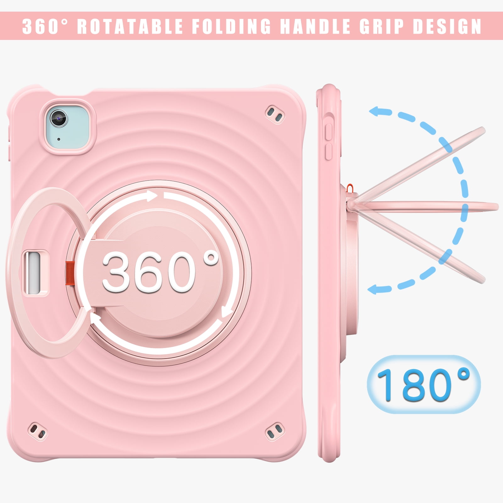 ELEHOLD Case for Apple iPad Air 11 (2024), Portable Hybrid Shockproof iPad Case with Pencil Holder & Hanging Ring Handle Rotatable Kickstand,Pink