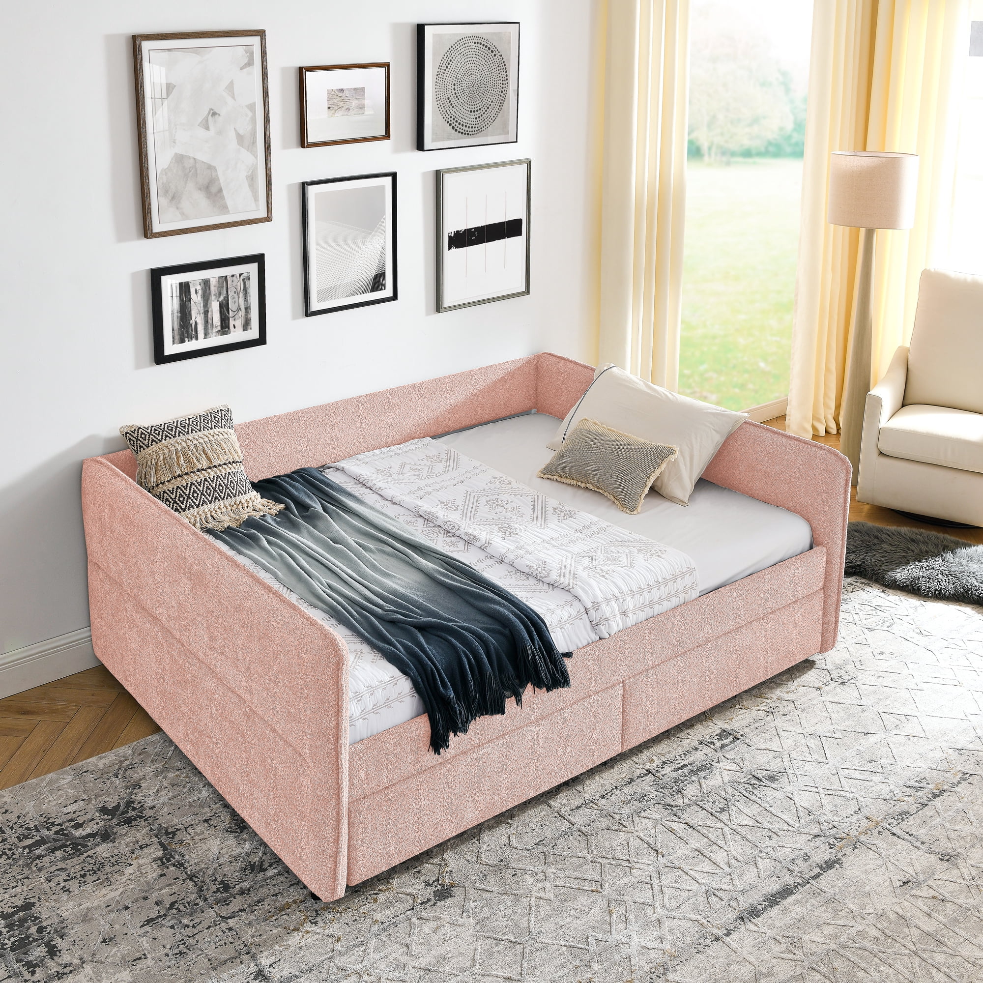 Mintazer Queen Upholstered Daybed with 2 Storage Drawers, Modern Sofa Bed for Living Room & Bedroom, Pink