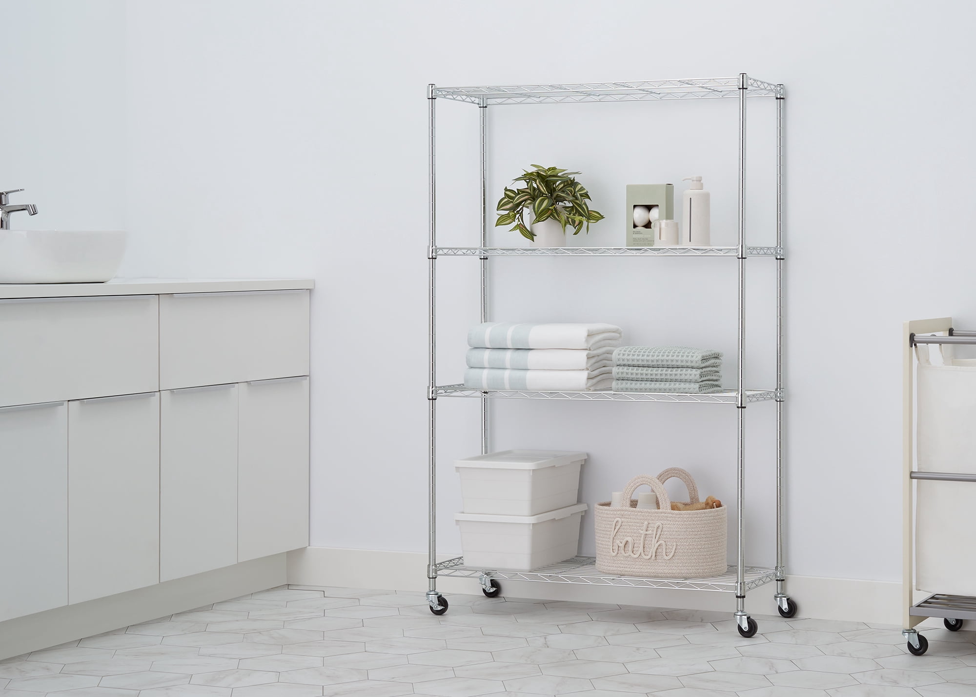 TRINITY BASICS EcoStorage® 4-Tier NSF 36"x14"x54" Wire Shelving Rack w/ Wheels / Chrome