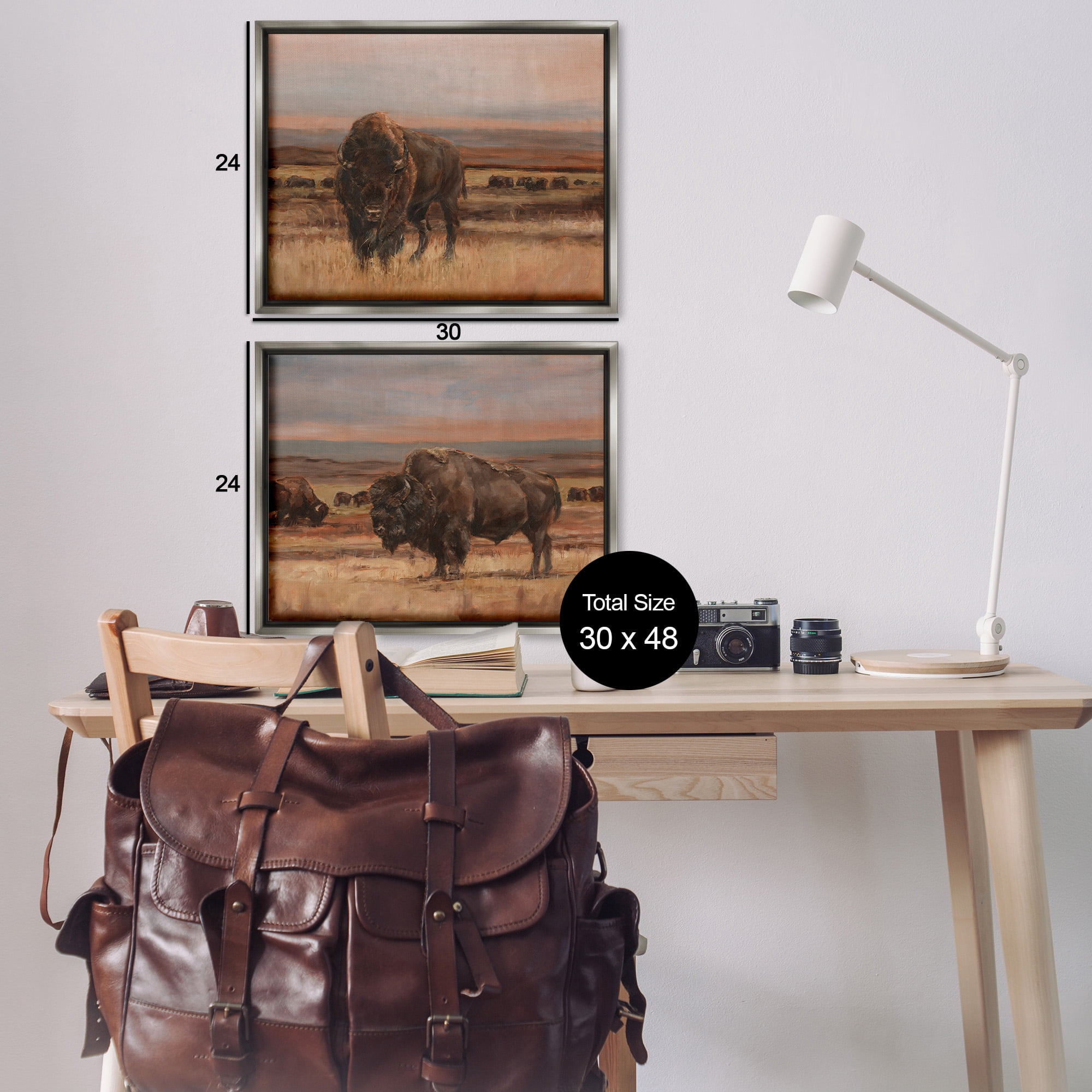 Stupell Industries Scattered Bison & Farmland Animals & Insects Painting Gray Floater Framed Canvas Art Print Wall Art, 31 x 25, Set of 2