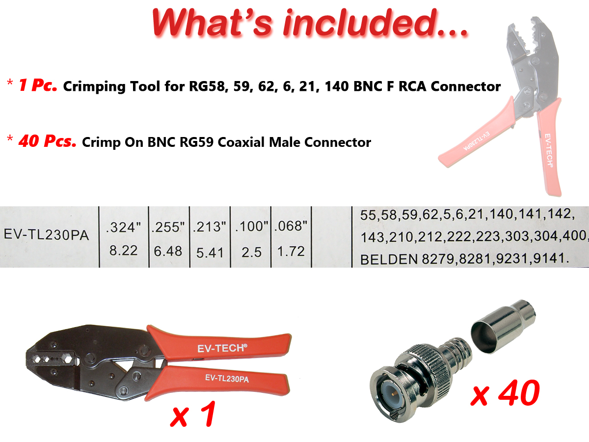 Evertech Professional Coaxial Crimping Tool + 40 Pcs BNC Male Crimp On Connector for Siamese RG59