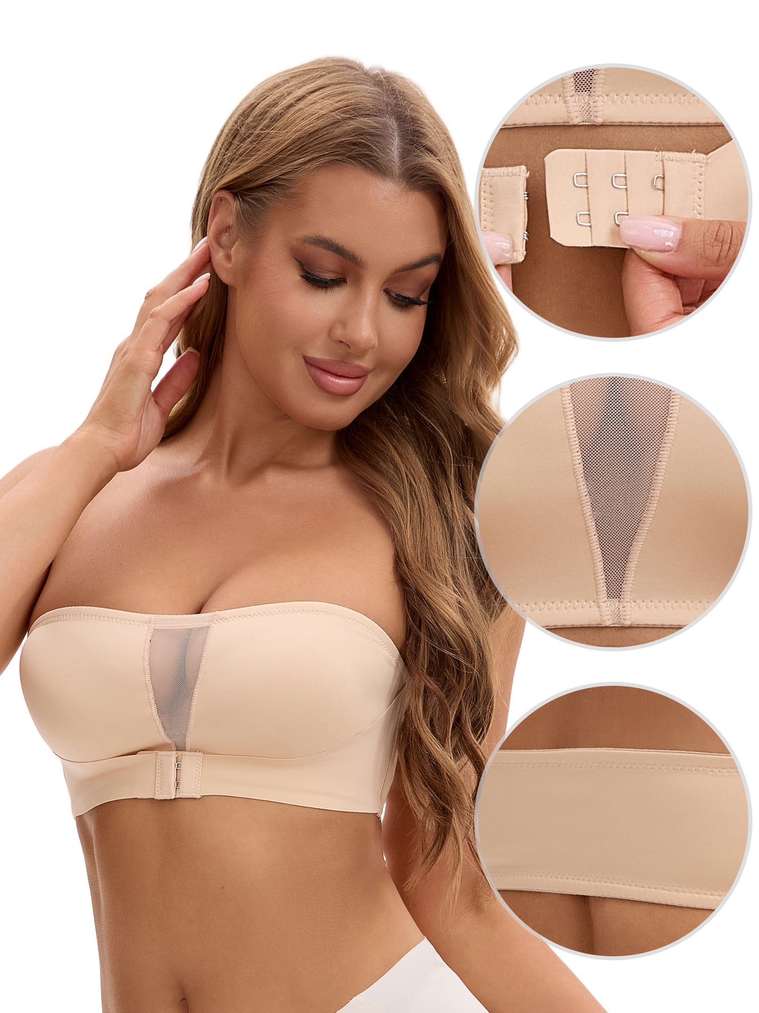 Unique Bargains Women's Front Closure Wirefree Strapless Tube Bras XL Beige