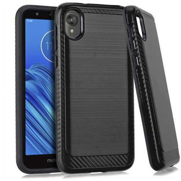 Kaleidio Case For Motorola Moto E6 [Vector Armor] Slim Fit Hybrid [Shockproof] Lightweight TPU 2-Piece Carbon Fiber Accent Cover w/ Overbrawn Prying Tool [Black/Black]