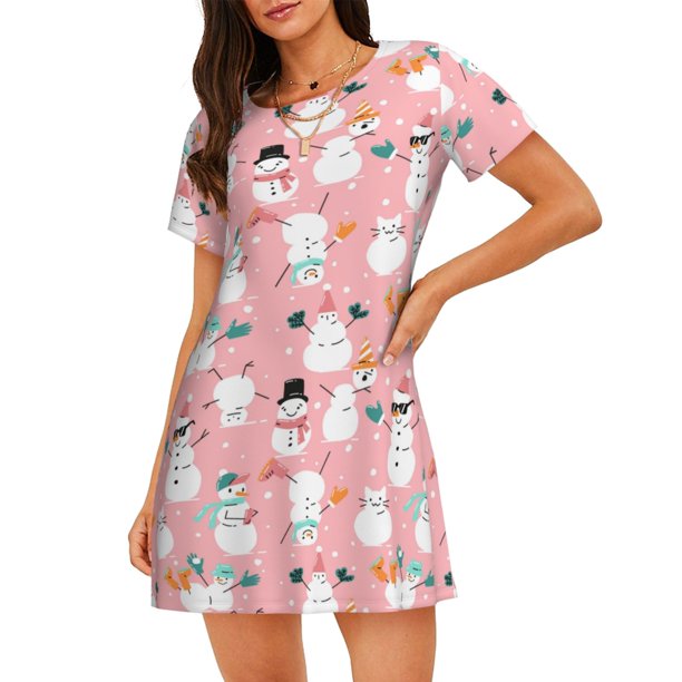Fotbe Cute Pink Snowman Cat Bata de Dormir para Mujer con Estampado, Camisón de Algodón de Manga Corta, Ropa de Dormir Casual