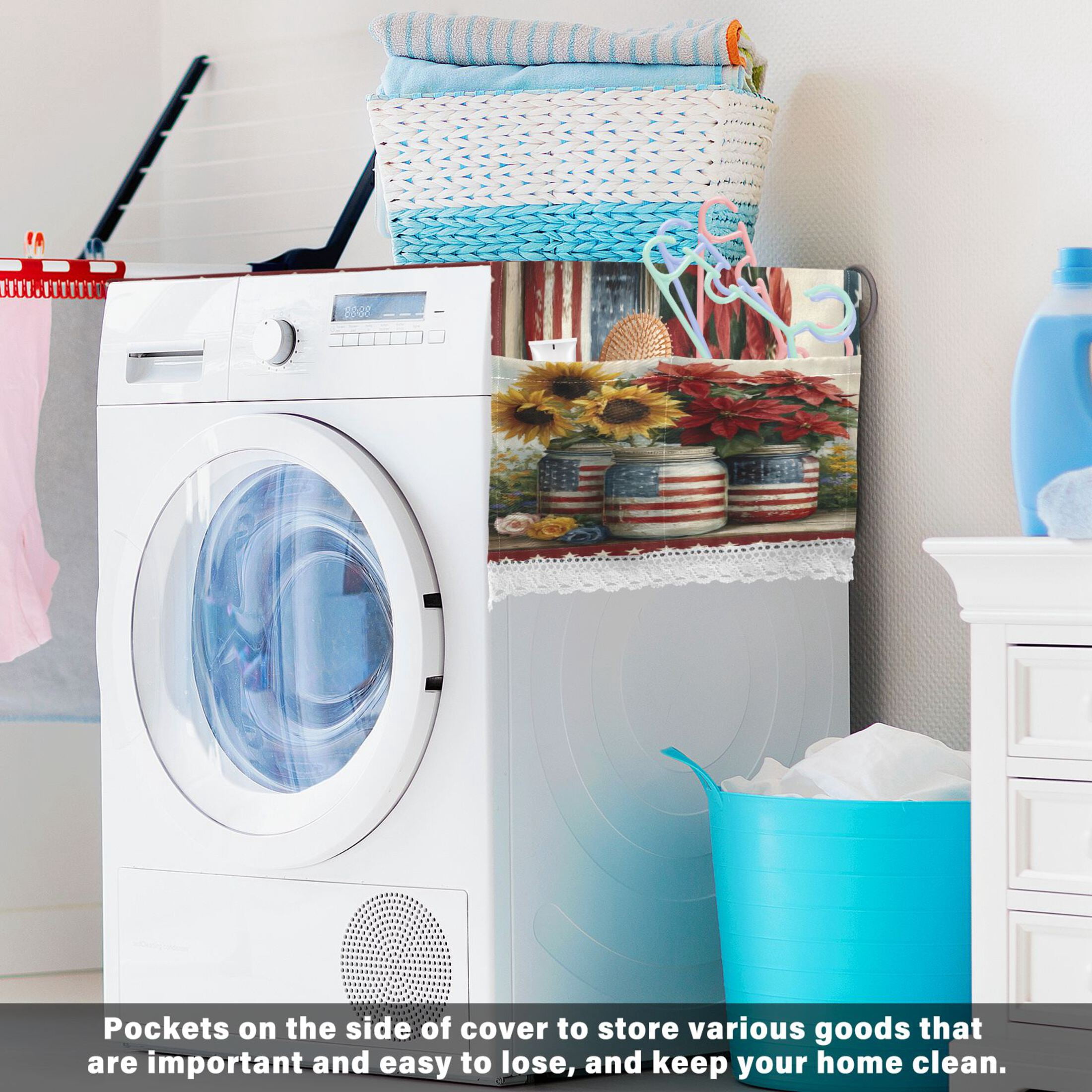 Wobogo American Patriotic Floral Washing Machine Cover Dustproof Washer Dryer Cover Waterproof Laundry Room Decorative Protector