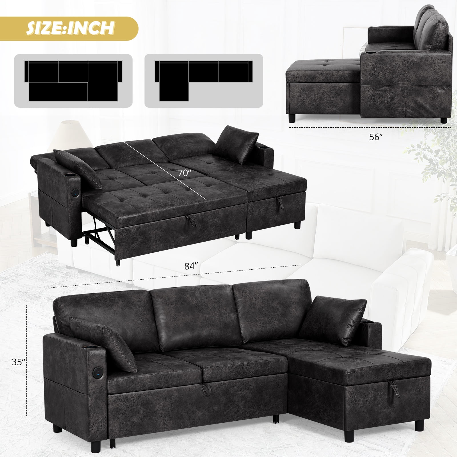 ACMEASE 84" Suede Leather Sectional  Sofa w/Adjustable Backrests, Pull Out Sofa Bed w/USB Charger Port& Reversible Storage Chaise,Convertible L-Shaped Sofa with Cup Holders for Living Room, Black