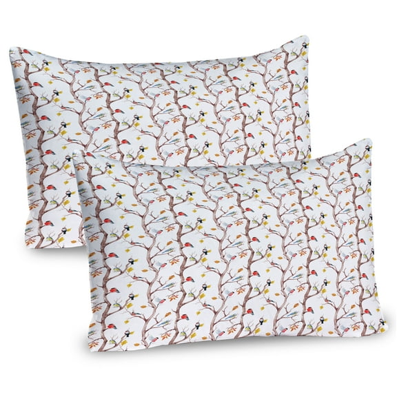Ambesonne Autumn Pillow Sham 2 Pack, Birds on a Tree Art Design, 30"x20", Dark Peach and Multicolor