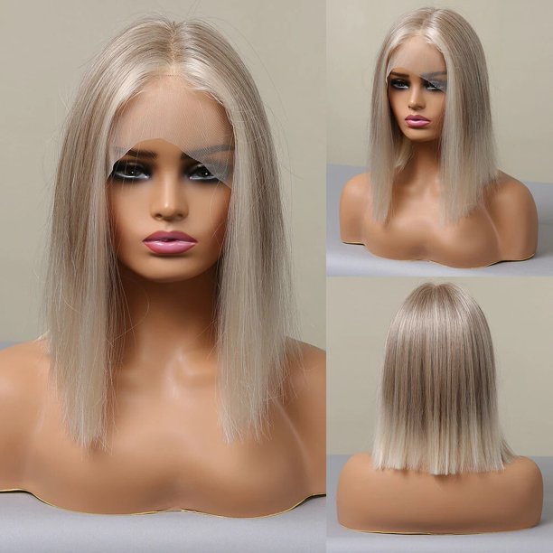 Pelucas cortas con frente de encaje rizado para mujeres negras, parte media, raíces oscuras, peluca sintética de encaje, rayita Natural, cabello diario