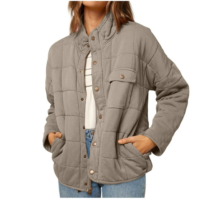 hoksml Manteaux d'Hiver Chauds pour Femmes Veste Décontractée à Boutons-Pression avec Col Montant Multiples Poches Coupe Décontractée Manches Longues