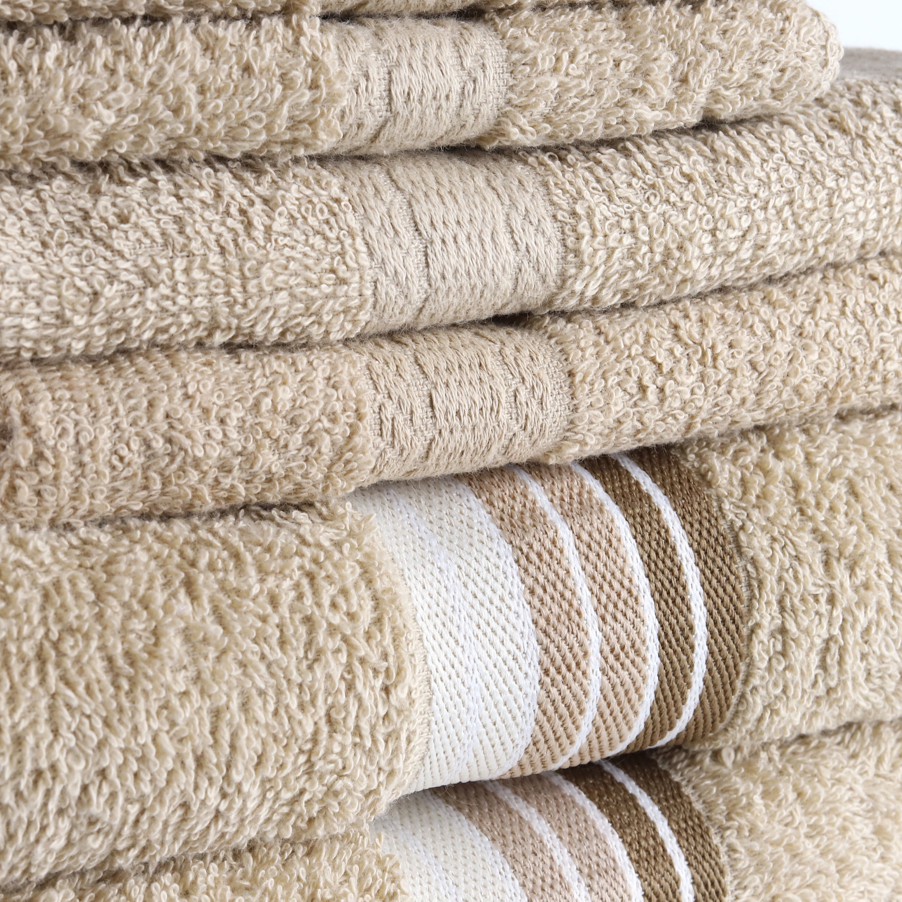 Mainstays 6 Piece 100% Cotton Towel Set, 2 Striped Bath , 2 Hand and 2 Washcloths,Super Soft and Highly Absorbent basic Premium Towel Set, for Bathroom, Hotels, Spa and Gym – Tan