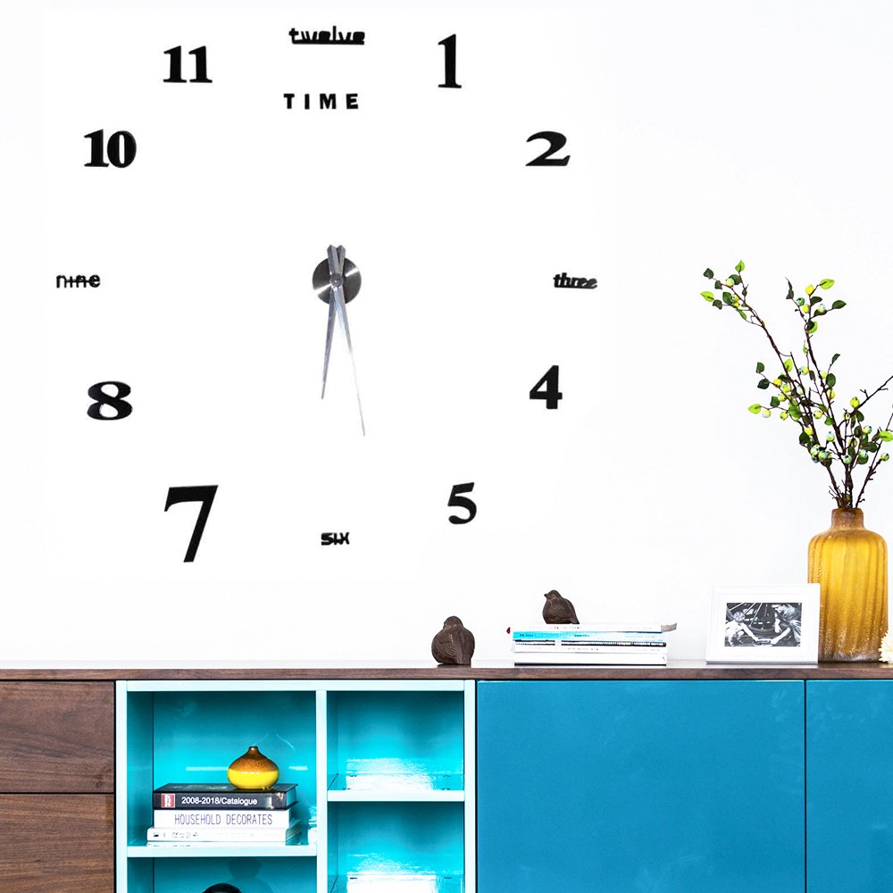 HERCHR Modern DIY Large Wall Clock Kit 3D Mirror Surface Sticker for Home Office Room,DIY Large