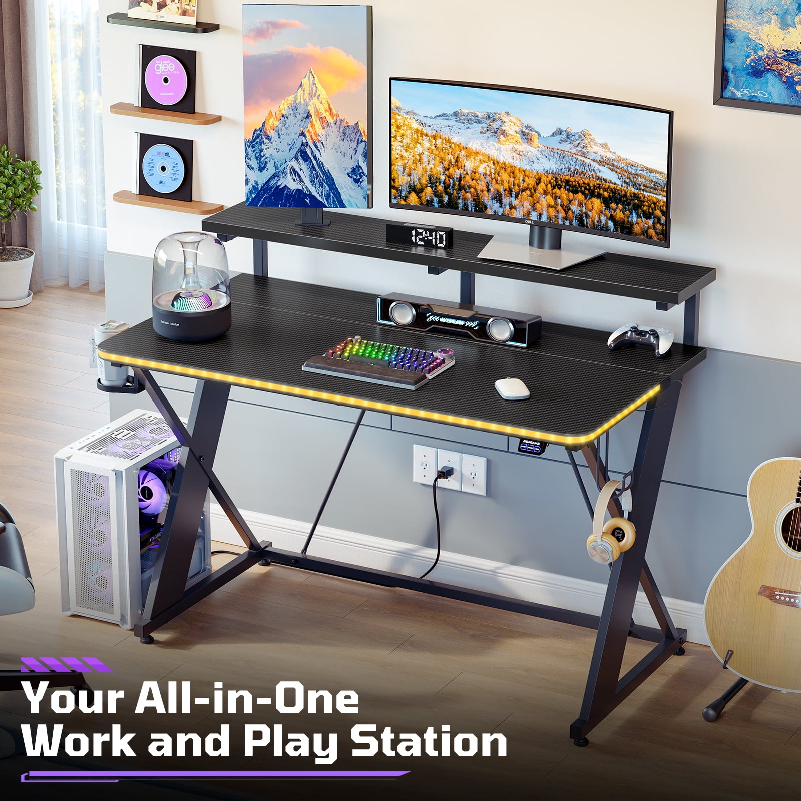 RSPGAME 43" Music Sync LED Gaming Desk,X-Shape Ergonomic Monitor Stand Gamer Table,PC Desk with Dynamic Lighting,Color Changing Office Desks,Black Racing