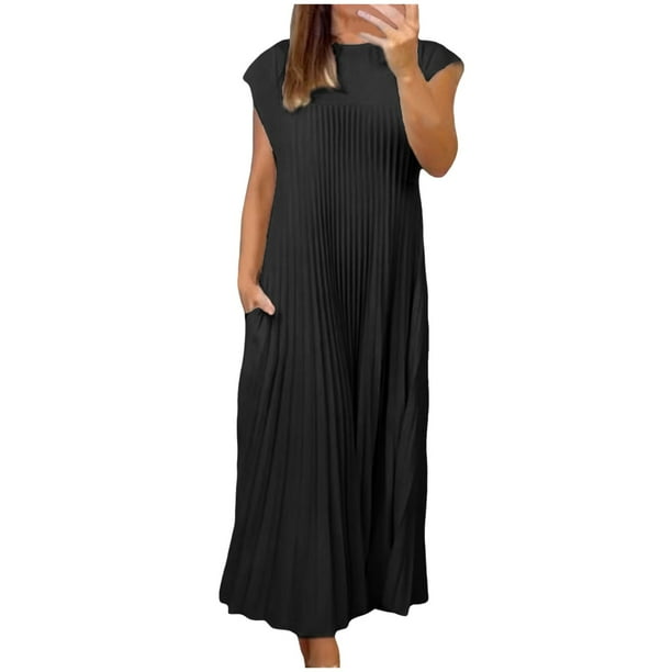 Vestido sin mangas con cuello redondo y pliegues para mujer 2025: color liso informal, poliéster ligero para el día a día en primavera/verano.