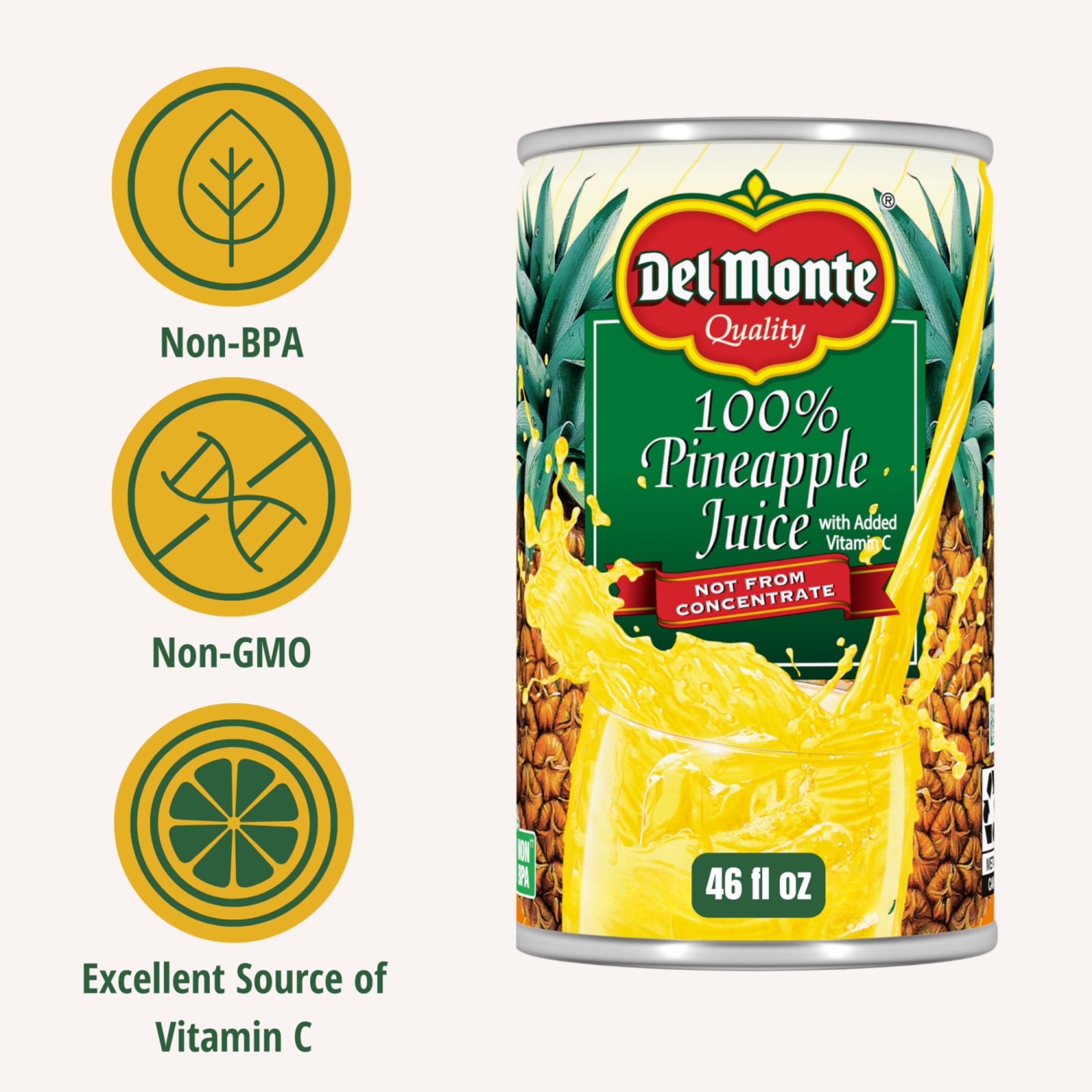 Del Monte Pineapple Juice 46 fl oz Can - 100% Fruit Flavor for