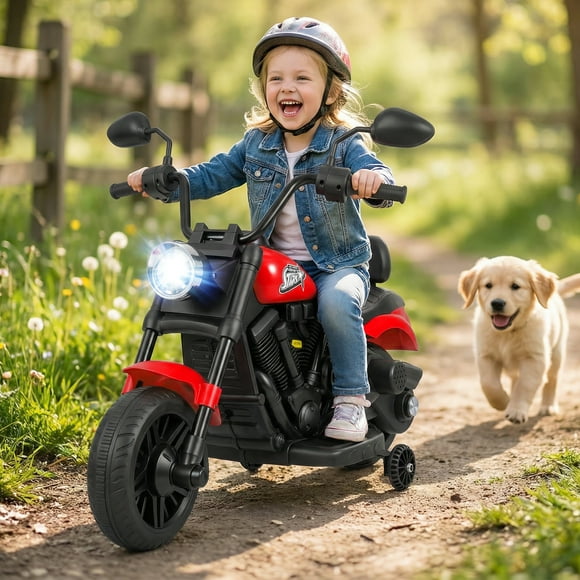Gymax Kids Motorcycle w/Headlight Music Training Wheels Foot Pedal for Boys Girls Red