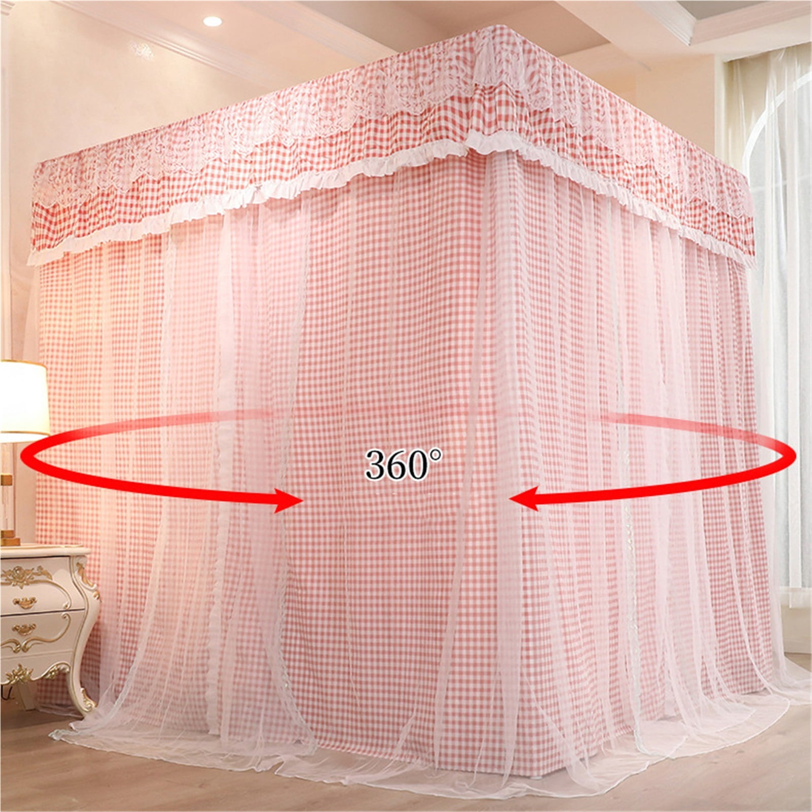 Four Poster Bed Canopy with Blackout Curtain & Double Layer Mosquito Net, Bedroom Decor, Dustproof Windproof Bed Screen with Stable Bracket