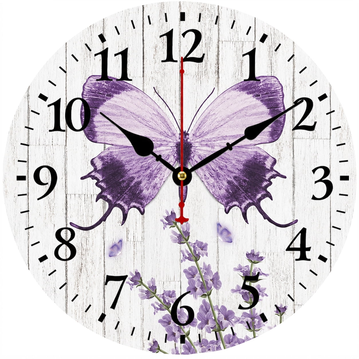 CozyHour 9.84 Inch Butterfly Wall Clock, Purple Floral Decorative Clock for Bedroom Living Room, Rustic Farmhouse Round Analog Clock with Large Easy Read Numbers