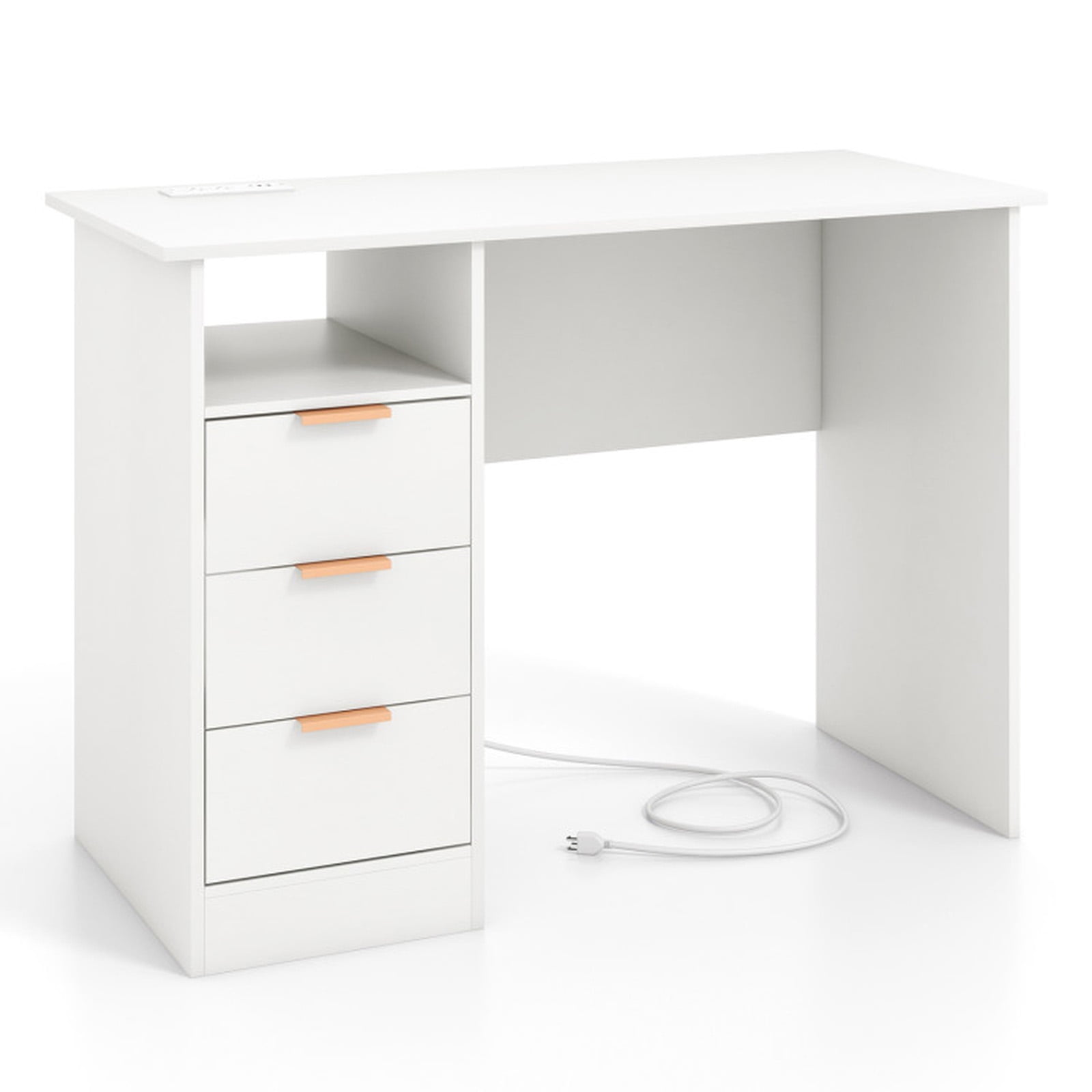 Furnibear Modern Home Office Computer Desk with Power Outlet 3 Storage Drawers and Open Compartment - White