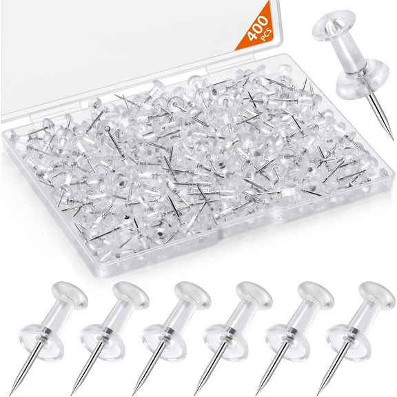400 Pcs Push Pins Tacks, Thumb Tacks for Wall, Clear Plastic Head, Steel Point, Decorative Push Pins, Standard Thumb Tacks for Bulletin Board, Corkboard, Map, Calendar, Photo, Home, Office