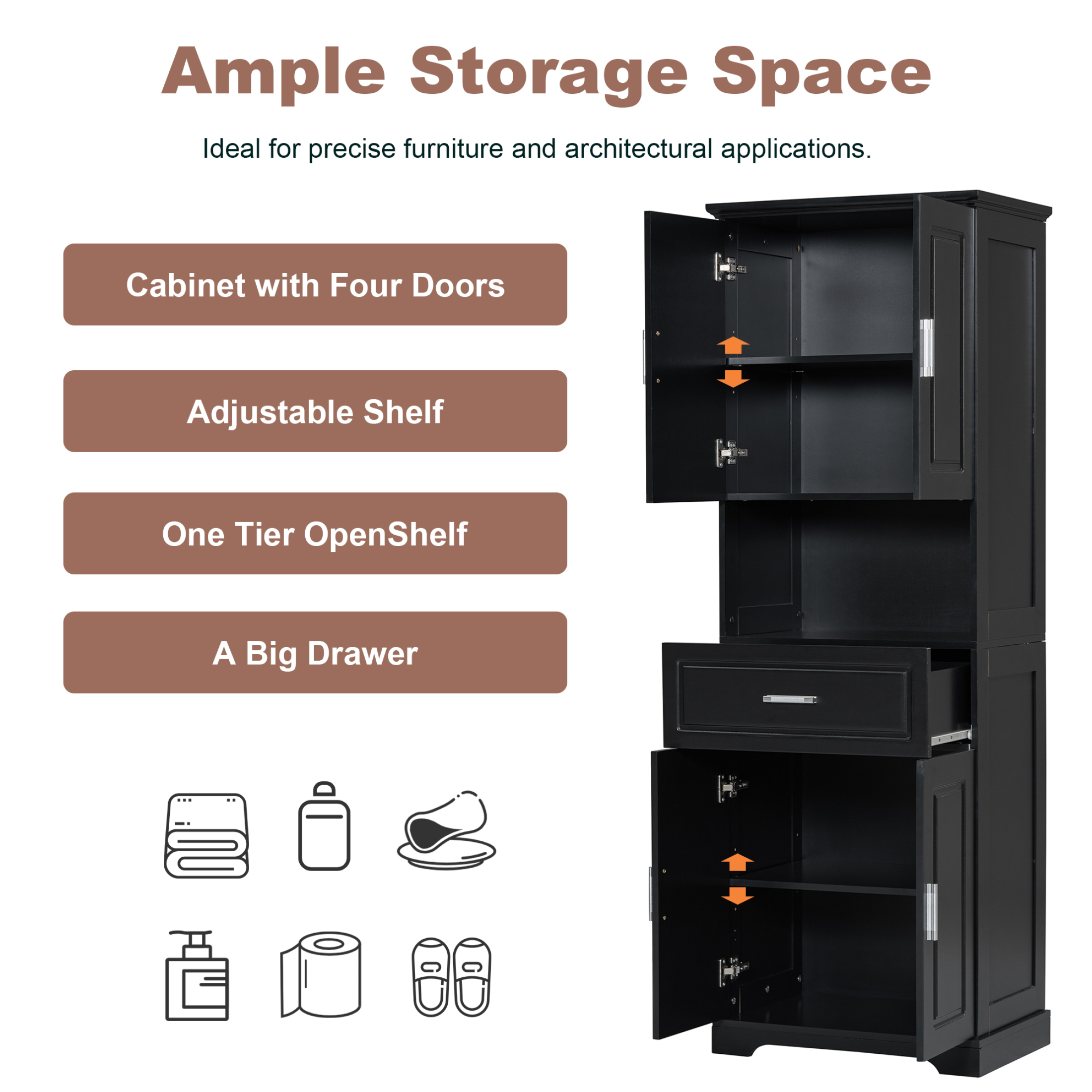 Noble House Modern Bathroom Storage Cabinet, Narrow Tall Cabinet with Drawer, Doors and Adjustable Shelves, Black