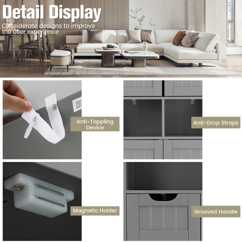 Finihen Storage Cabinet, Bathroom Floor Cabinet, Bathroom Wooden Side Cabinet with 2 Drawers and 2 Doors, for Bathroom, Living Room, Bedroom, Kitchen, Gray