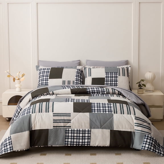 Beartech 7 Piece Comforter Set-Coffee Blue Plaid Luxury Soft Bed Set,Reversible Patchwork Queen Size Bedding Set for All Season,Bed in a Bag with Down Alternative Comforter,Sheets,Pillowcases & Shams