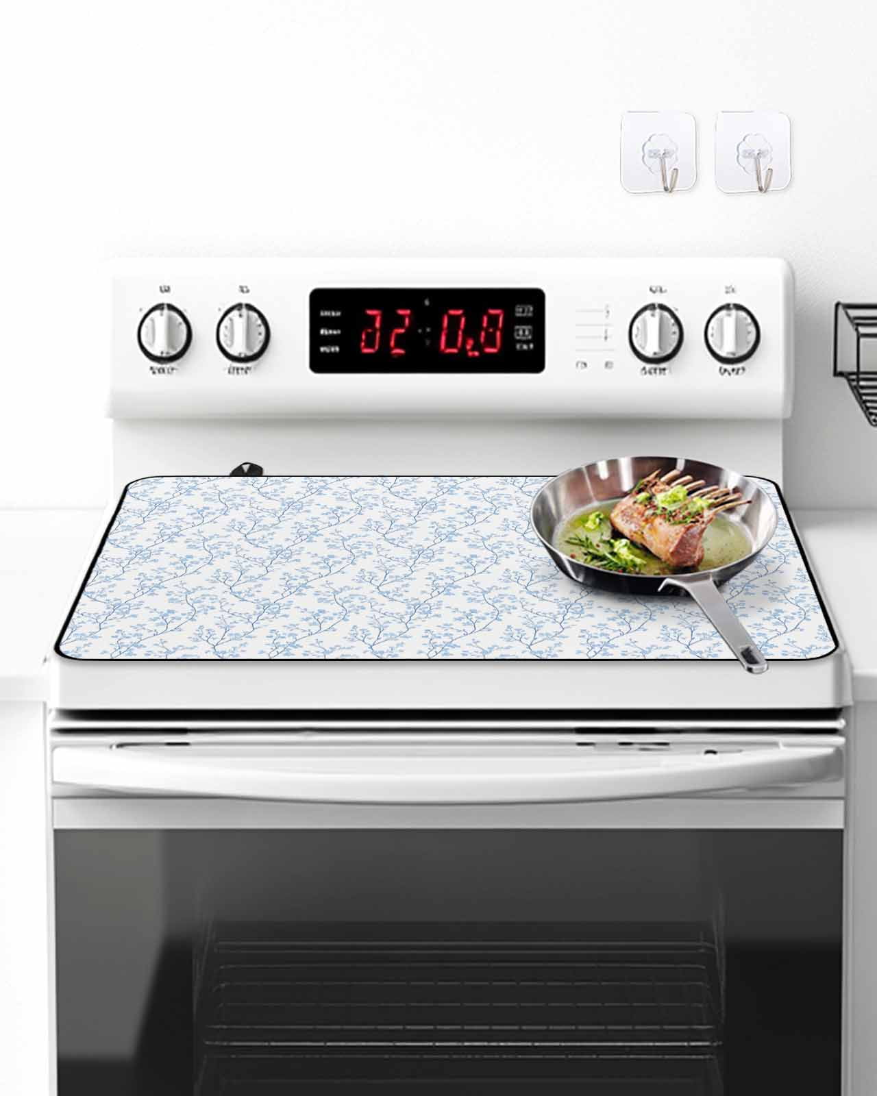 Stove Top Covers for Electric Stove, Blue Spring Floral Glass Stovetop Cover Protector, Summer Botanical Watercolor Induction Cooktop Protector Oven Mat for Kitchen Countertop 24"x21"