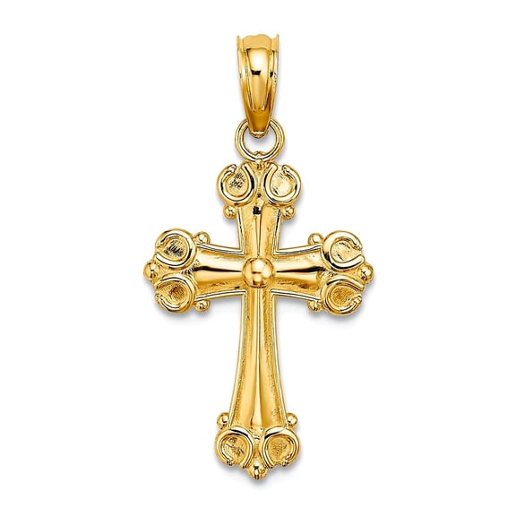12mm 14k Gold Religious Faith Cross With Scroll Tips and Button Center Pendant Necklace for Women
