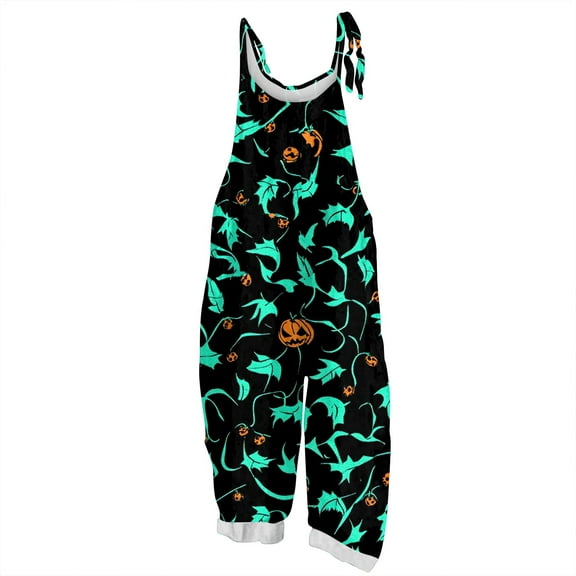 WTOBBY Women's Casual Loose Retro Jumpsuit with Halloween Print, Suspenders in Cotton and Linen Fabric, Adjustable for a Comfortable and Stylish Fit,CyanL