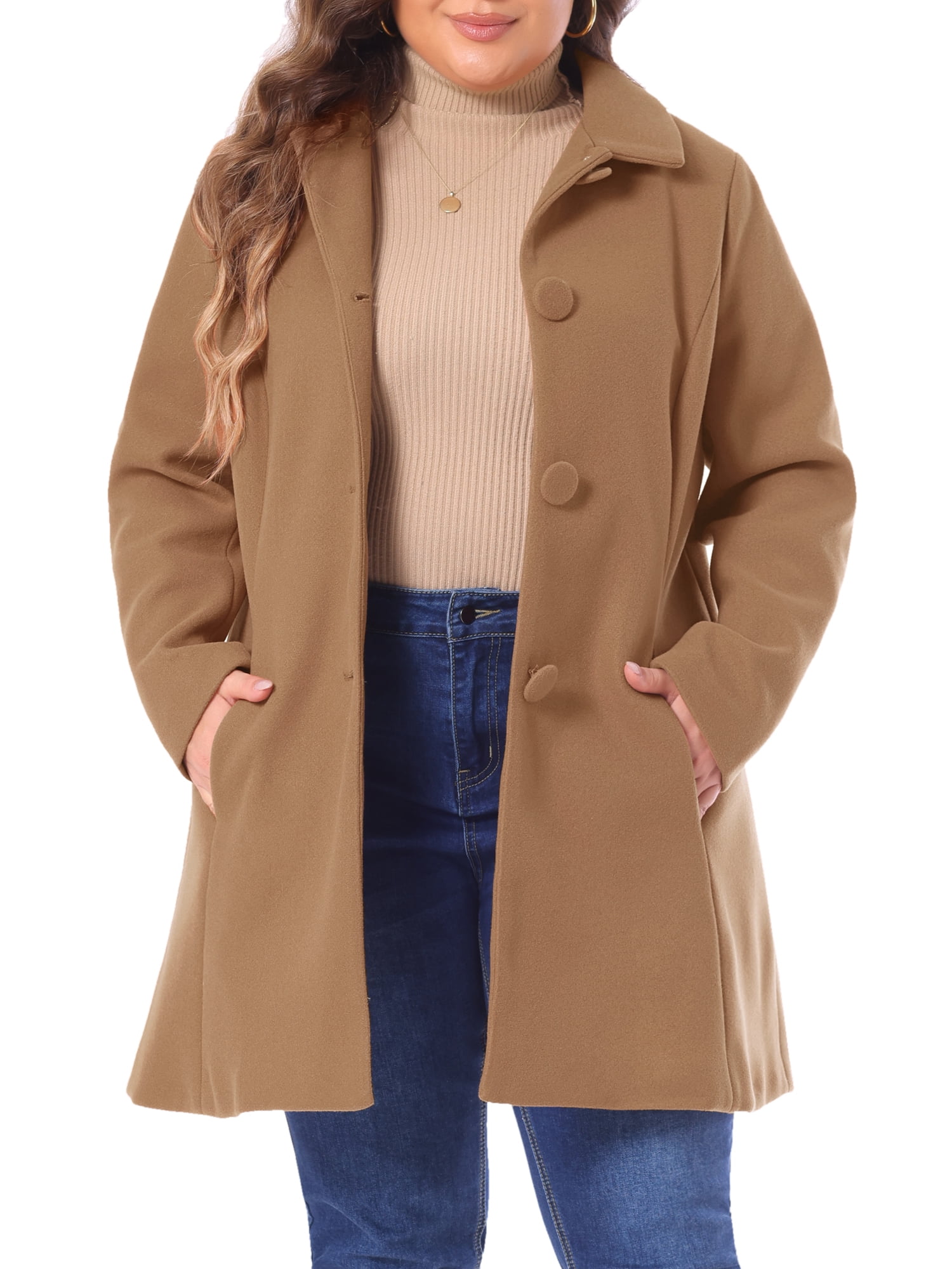 DARING DIVA Women's Plus Size Button Down Single Breasted Peacoat Long Coat 3X Camel