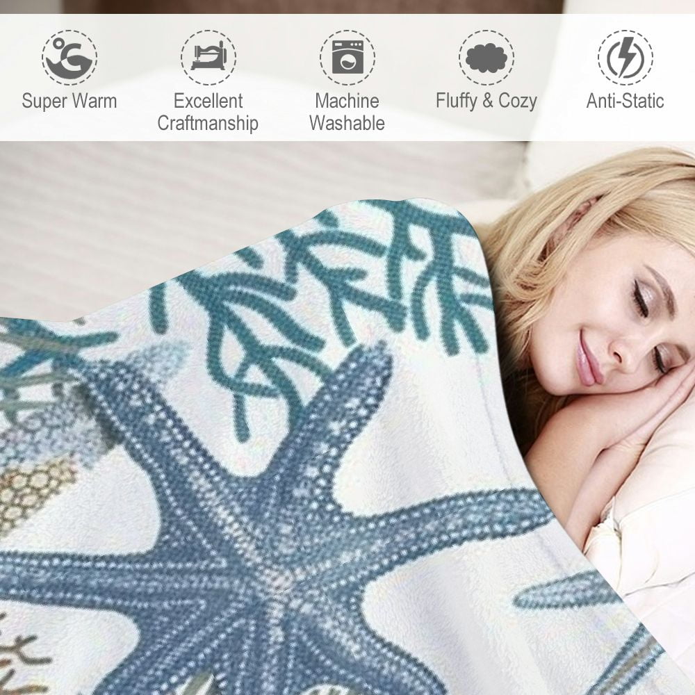 Patifu Nautical Coastal Blanket Starfish Seashell Coral Beach Themed Throw Blankets Gifts for Adults Sea Ocean Theme Lightweight Soft Fleece Cozy for Sofa Couch Bed Room Birthday Decor 50x60in White