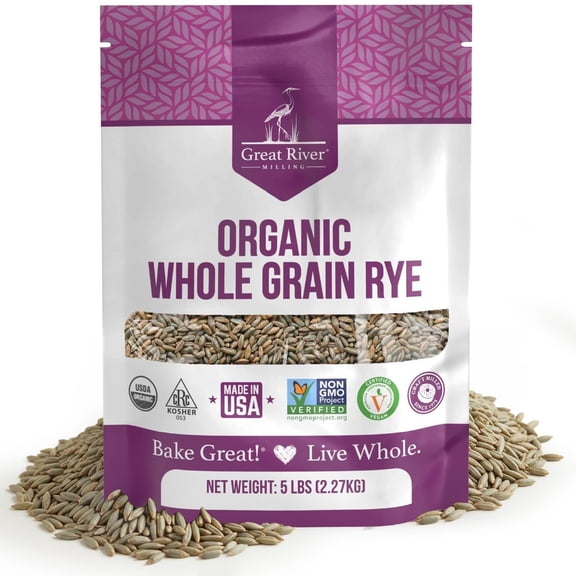 Great River Milling Organic Whole Grain Rye Berries  High-Fiber, Nutrient-Rich Ancient Grain  Non-GMO, Kosher  Ideal for Baking, Sourdough, Salads, Pilaf & Soups  5 Lb