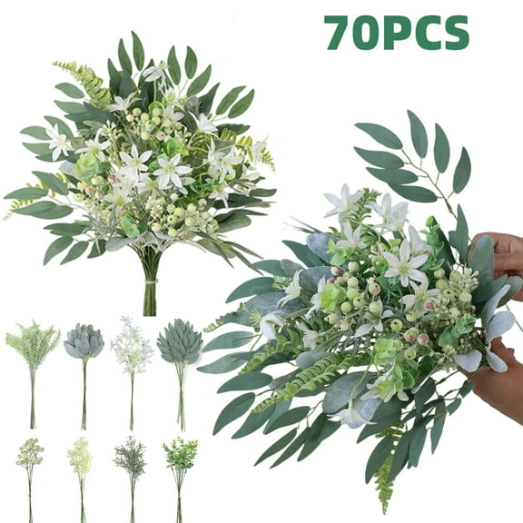 70 Pcs Artificial Greenery Stems Box Set,with 8 Kinds of Faux Plants and Fake Flowers for DIY Bridal Bouquets Wedding Floral Table Centerpieces Decor