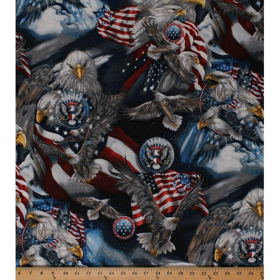 Cotton Bald Eagles Birds Patriotic USA United States America American Flags Fourth of July Patriots Americana Cotton Fabric Print by the Yard (ABK-12484-202AMERICANA)