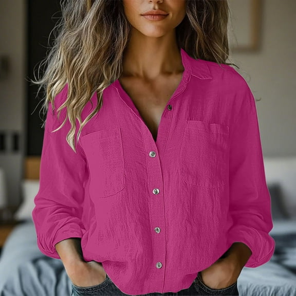 YEJIMAN Pink Plus Size Tunic Tops For Women, Women's Cotton Linen Button Down Shirt 2025 Spring Casual Long Sleeve Solid Color Shirts Loose Work Tops with Pockets