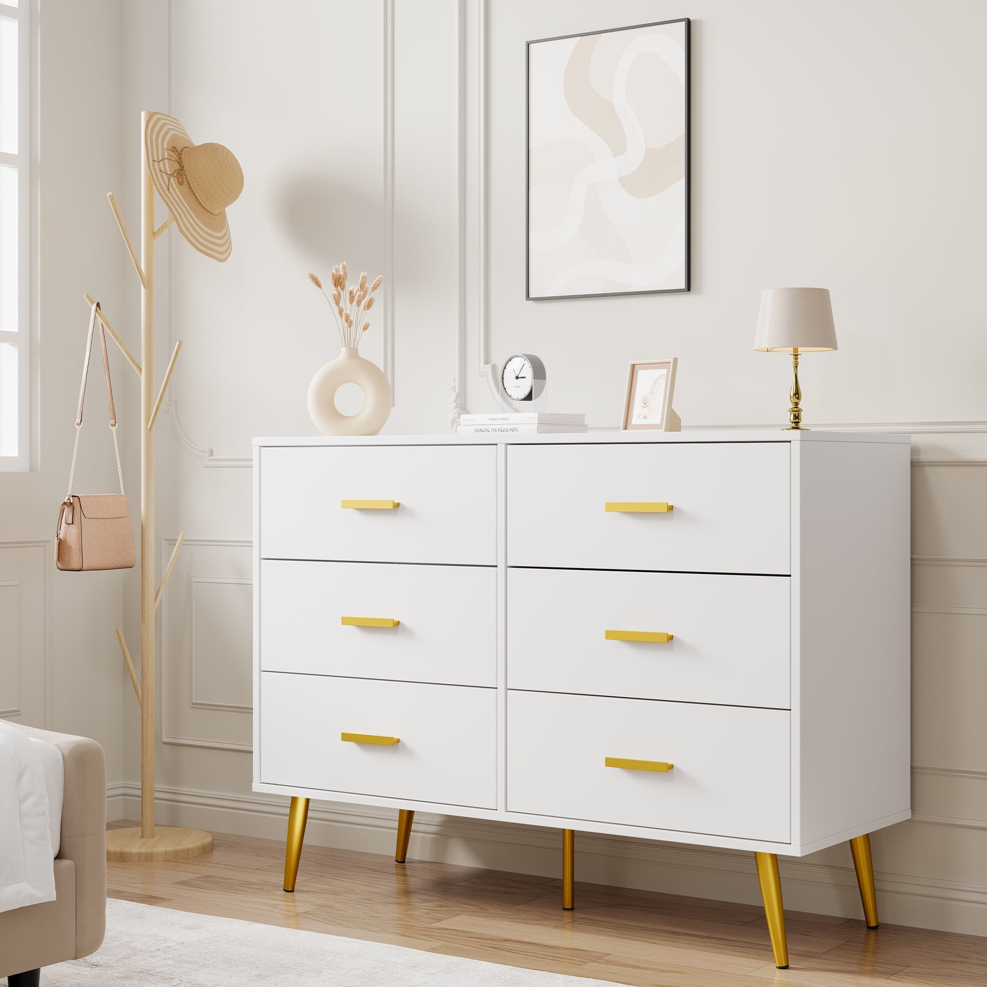 GOCAPTAIN 6 Dresser Chest of Drawers Modern Wooden Dresser with Deep Storage Drawers Gold Handles for Bedroom White