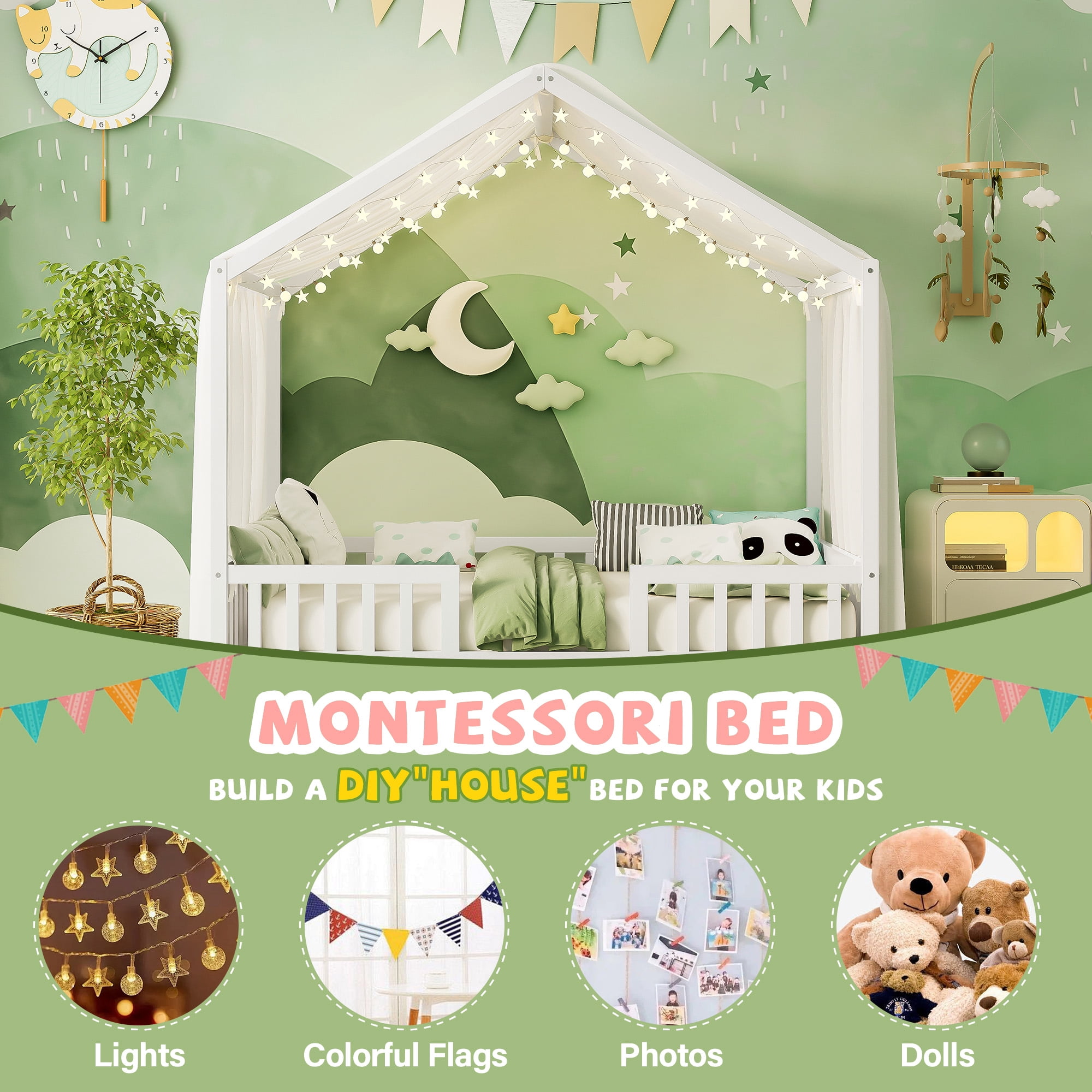 Harper & Bright Designs Montessori Floor Bed with Canopy and Roof, Full Wood House Shape Bed Frame with Railings for Girls Boys Bedroom, White