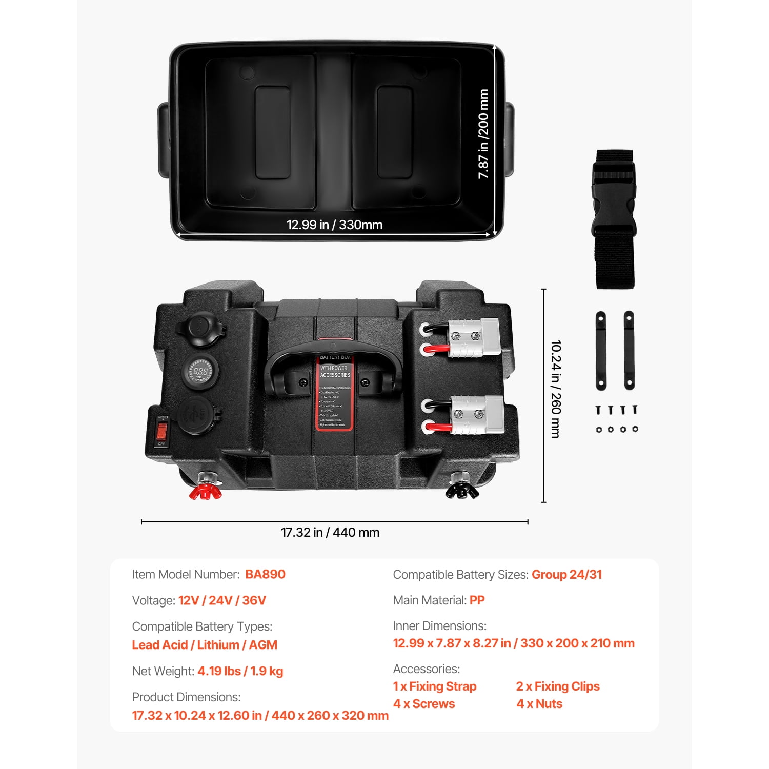 KFFKFF Battery Box for Group 24/31, Compatible with 12V/24V/36V Marine Batteries, Durable PP Shell with Dual Straps, Smart Design for Trolling Motors, Marine Use, RVs, and Solar Panels