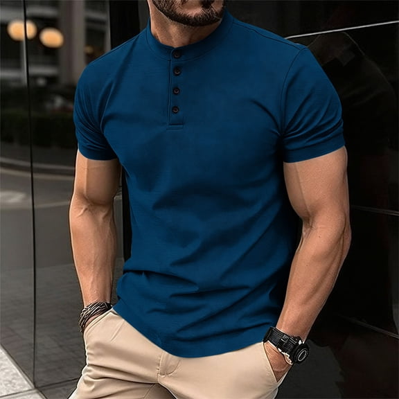 Vmvidoty Men's Muscle Slim Henley Shirts Crewneck Longline T-Shirt Gym Workout Athletic Shirt Tees with Button Blue XXL