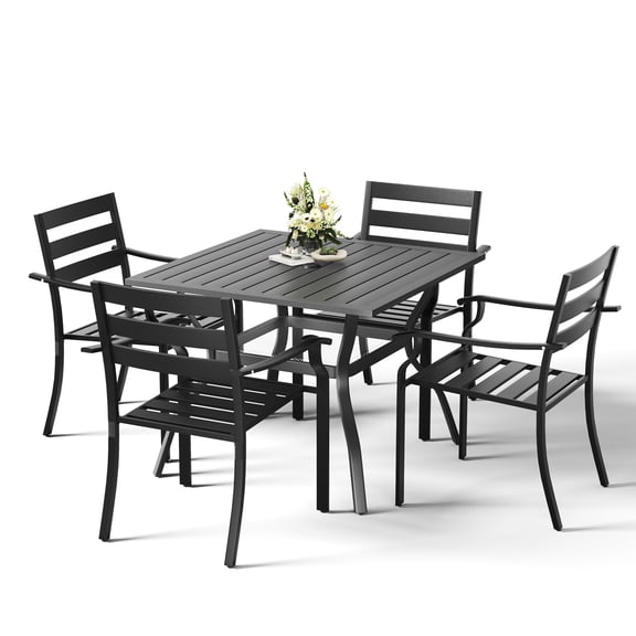 HOMREST 5 Piece Outdoor Patio Dining Set for 4, 37" Square Metal Table with Umbrella Hole and Storage Shelf, Stackable Wrought Iron Chairs, Patio Furniture Set for Deck/Backyard/Poolside/Garden