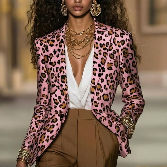 VIWORLD Women's Notch Lapel Long Sleeve Button Leopard Print Blazer Slim Fit for Office & Night Out Pink，S