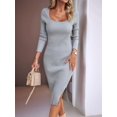 thumbnail image 4 of Women 2025 Summer Ribbed Short Sleeve Bodycon Maxi Dress Side Slit Knit Square Neck Long Sundress Grey XL, 4 of 7